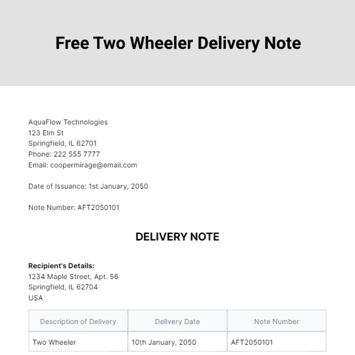 Two Wheeler Delivery Note Template