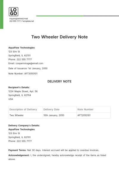 Free Two Wheeler Delivery Note Template to Edit Online