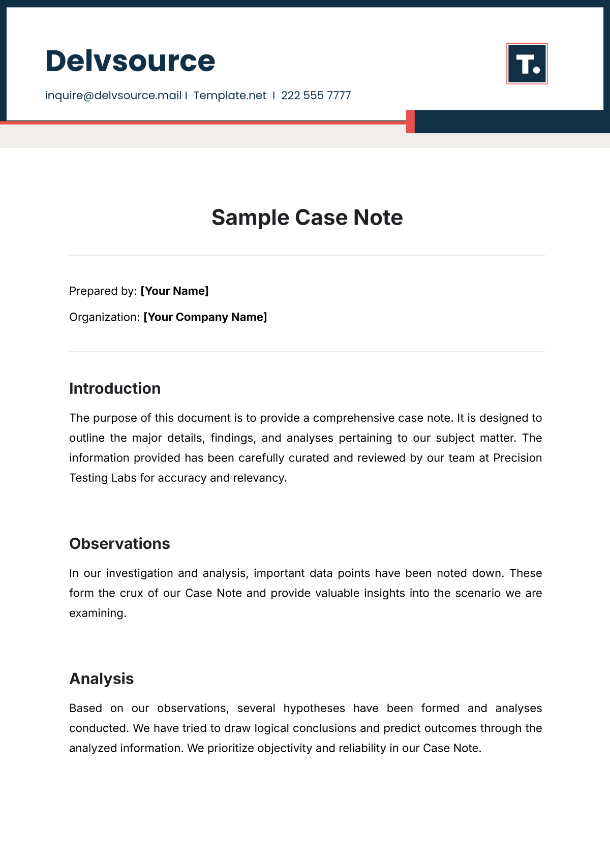 Sample Case Note Template