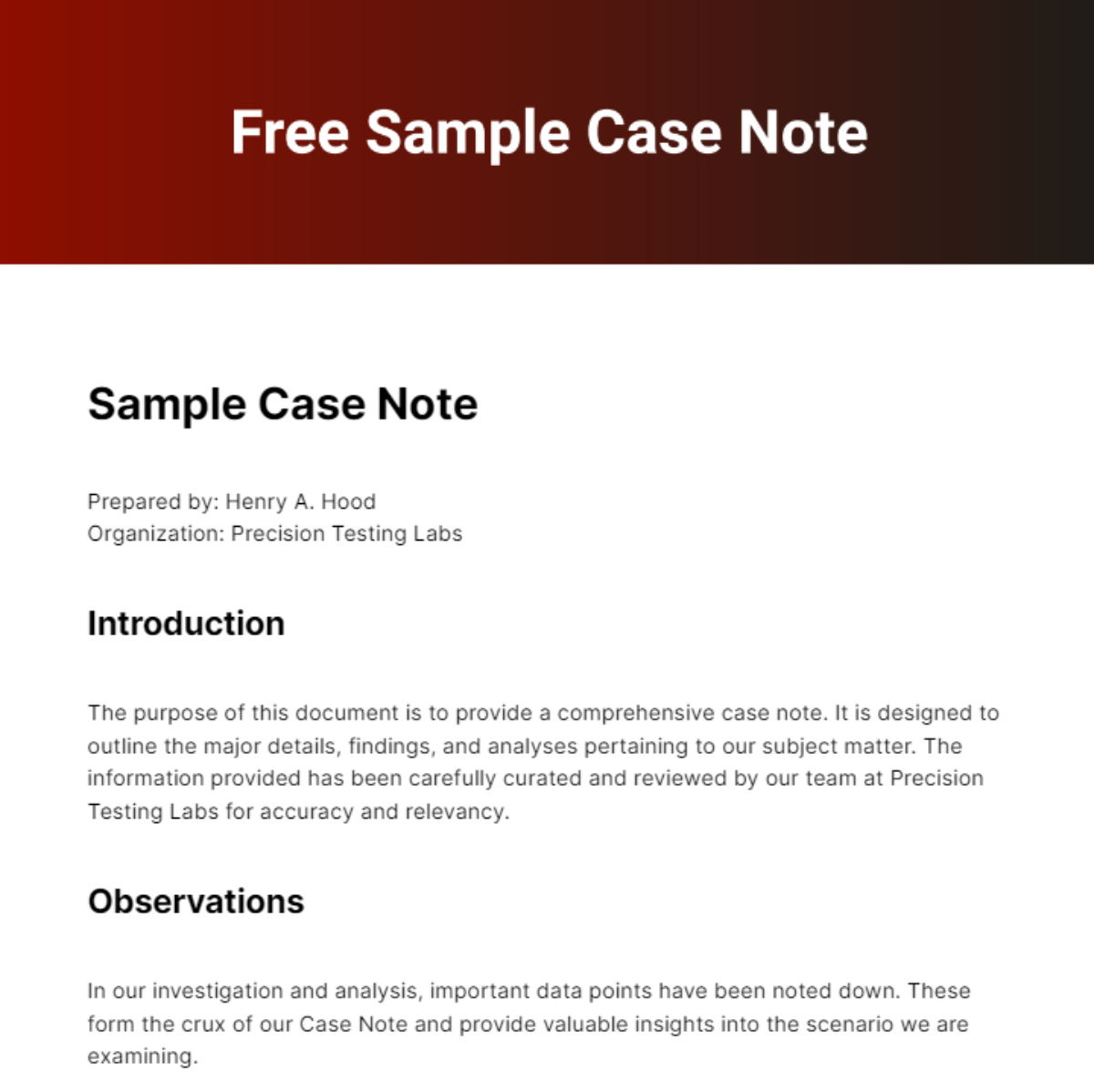 Free Sample Case Note Template