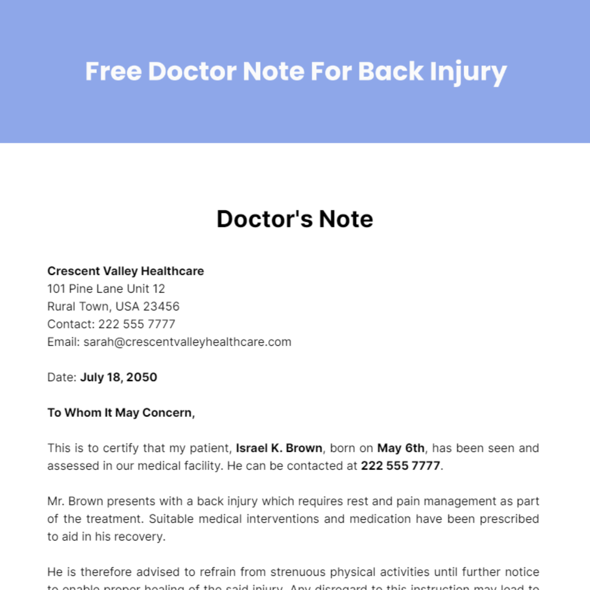 Doctor Note For Back Injury Template