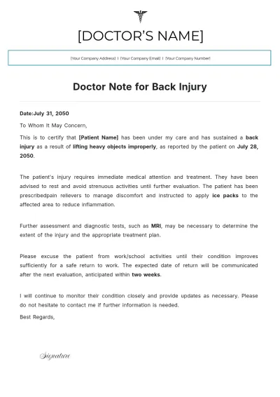 Free Doctor Note For Back Injury Template to Edit Online