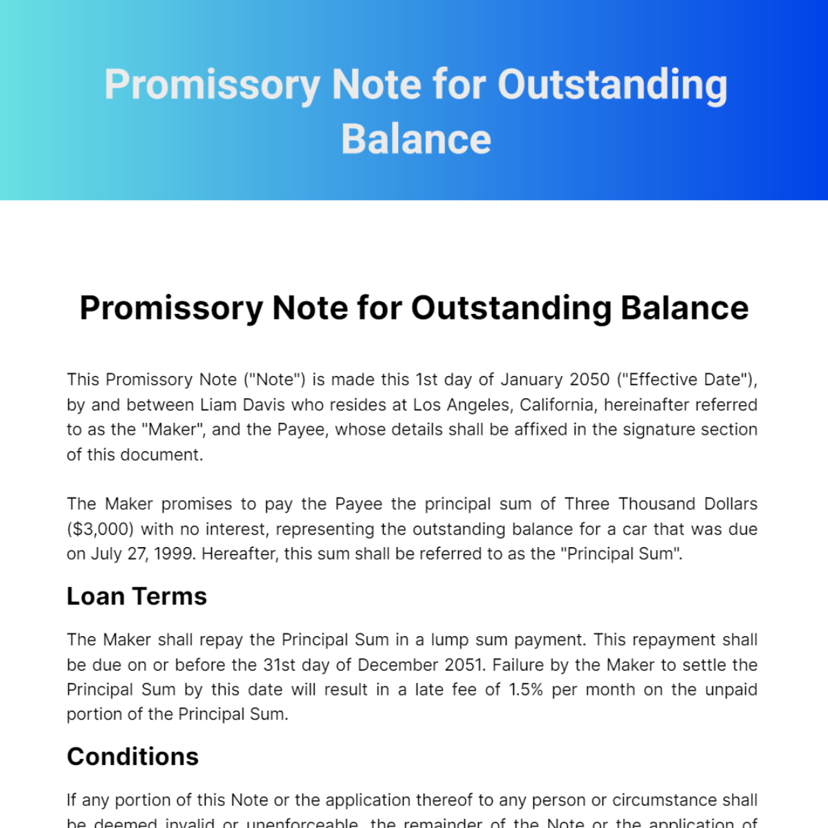 Promissory Note for Outstanding Balance Template