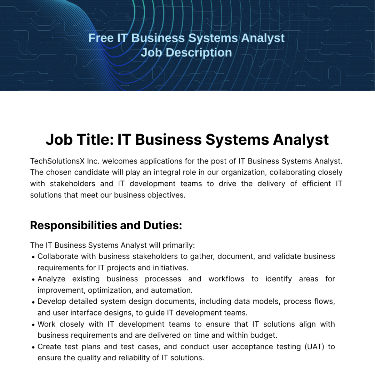 Free IT Business Systems Analyst Job Description Template