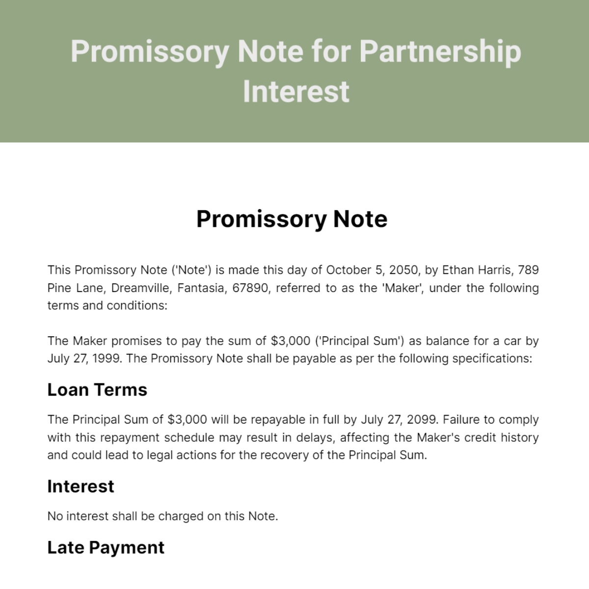 Promissory Note for Partnership Interest Template