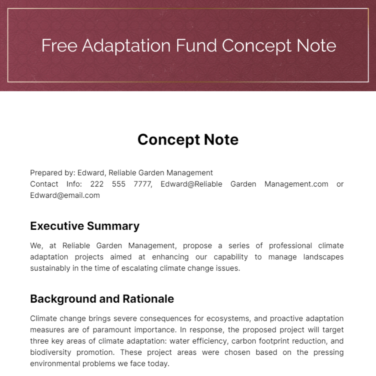 Free Adaptation Fund Concept Note Template