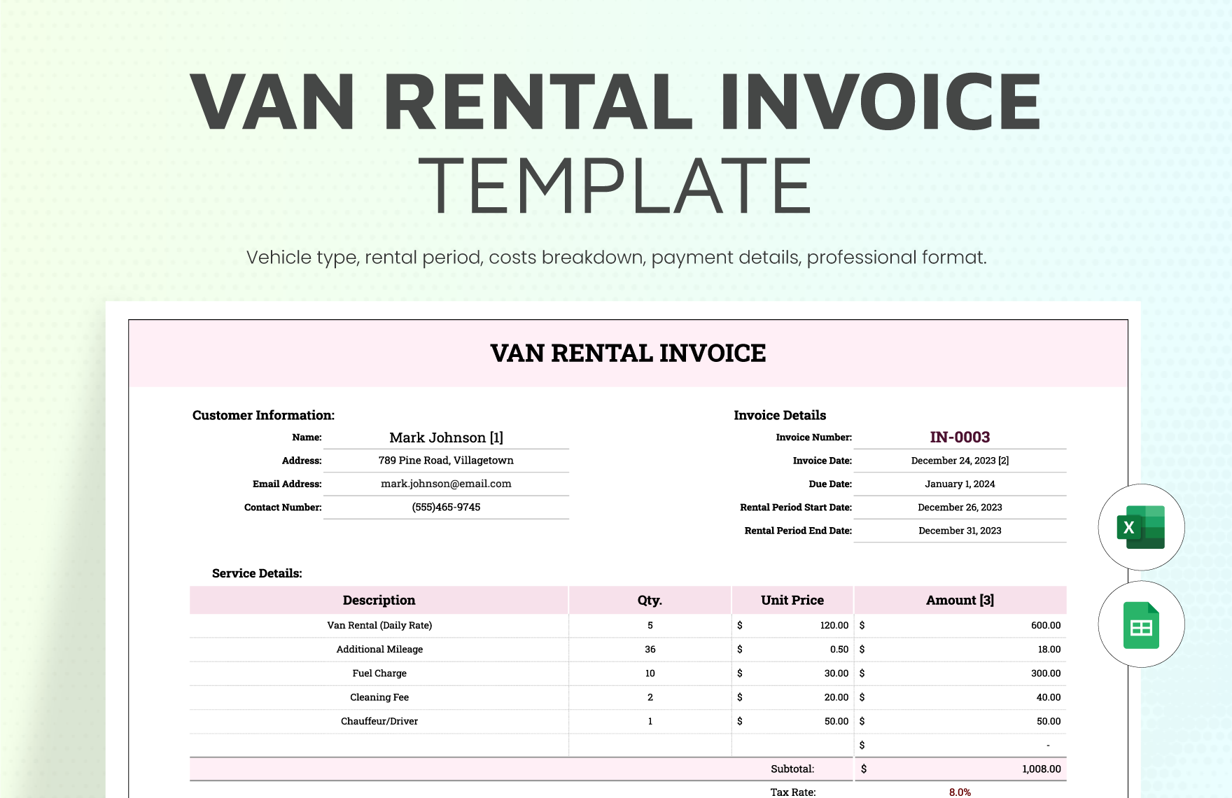 Van Rental Invoice Template in Excel, Google Sheets