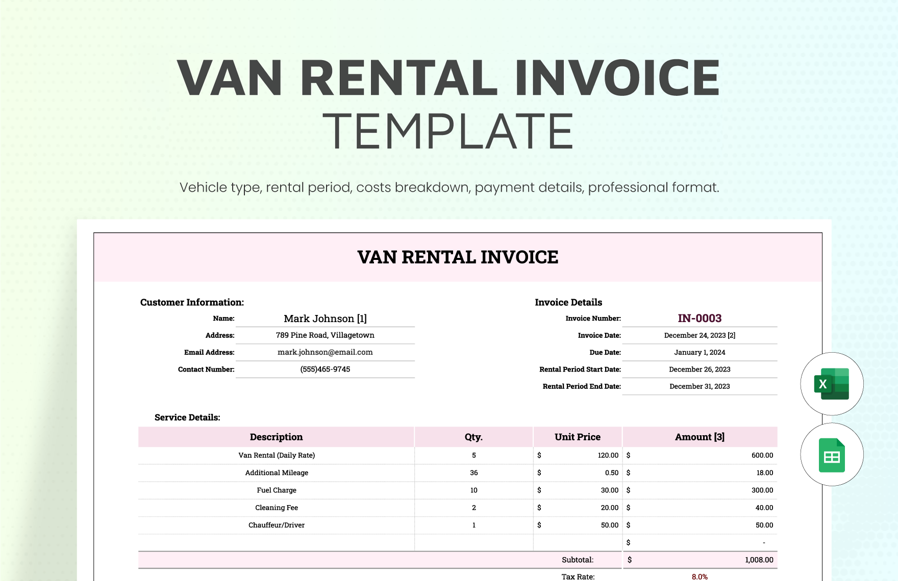 Van Rental Invoice Template in Excel, Google Sheets - Download | Template.net