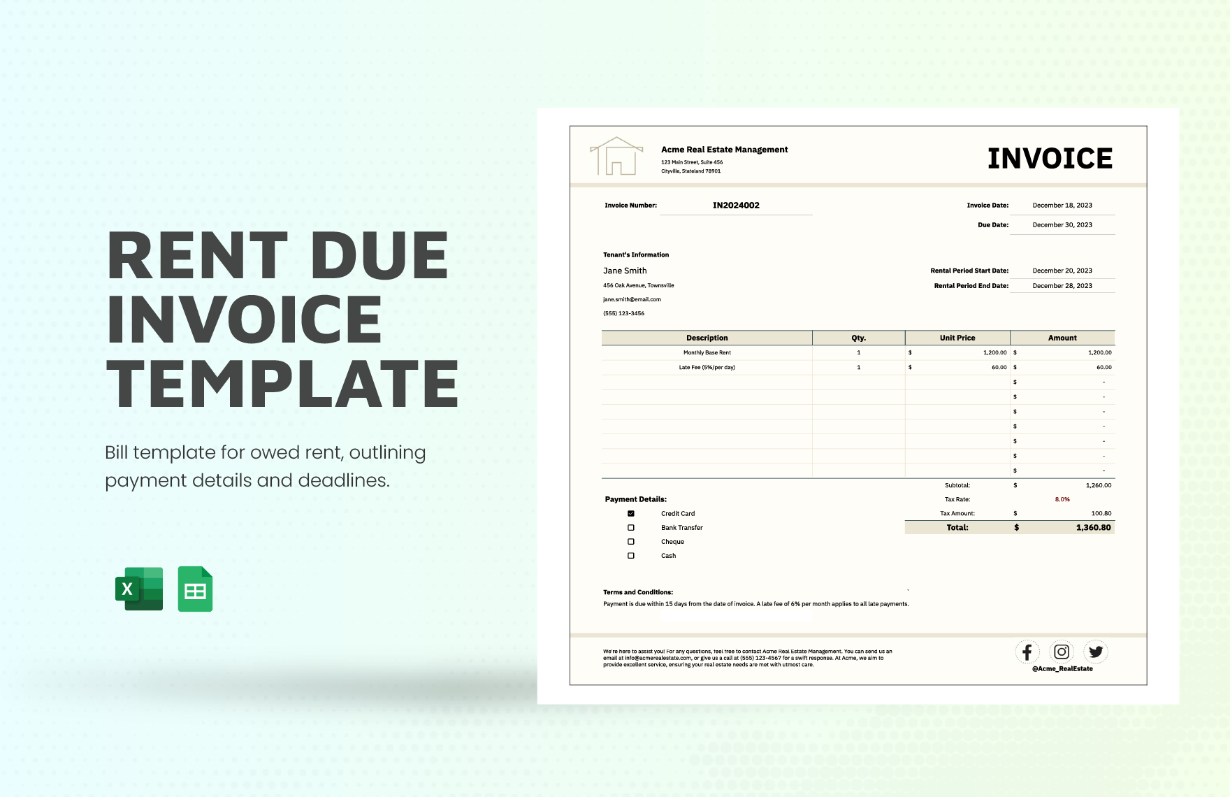 Rent Due Invoice Template in Excel, Google Sheets