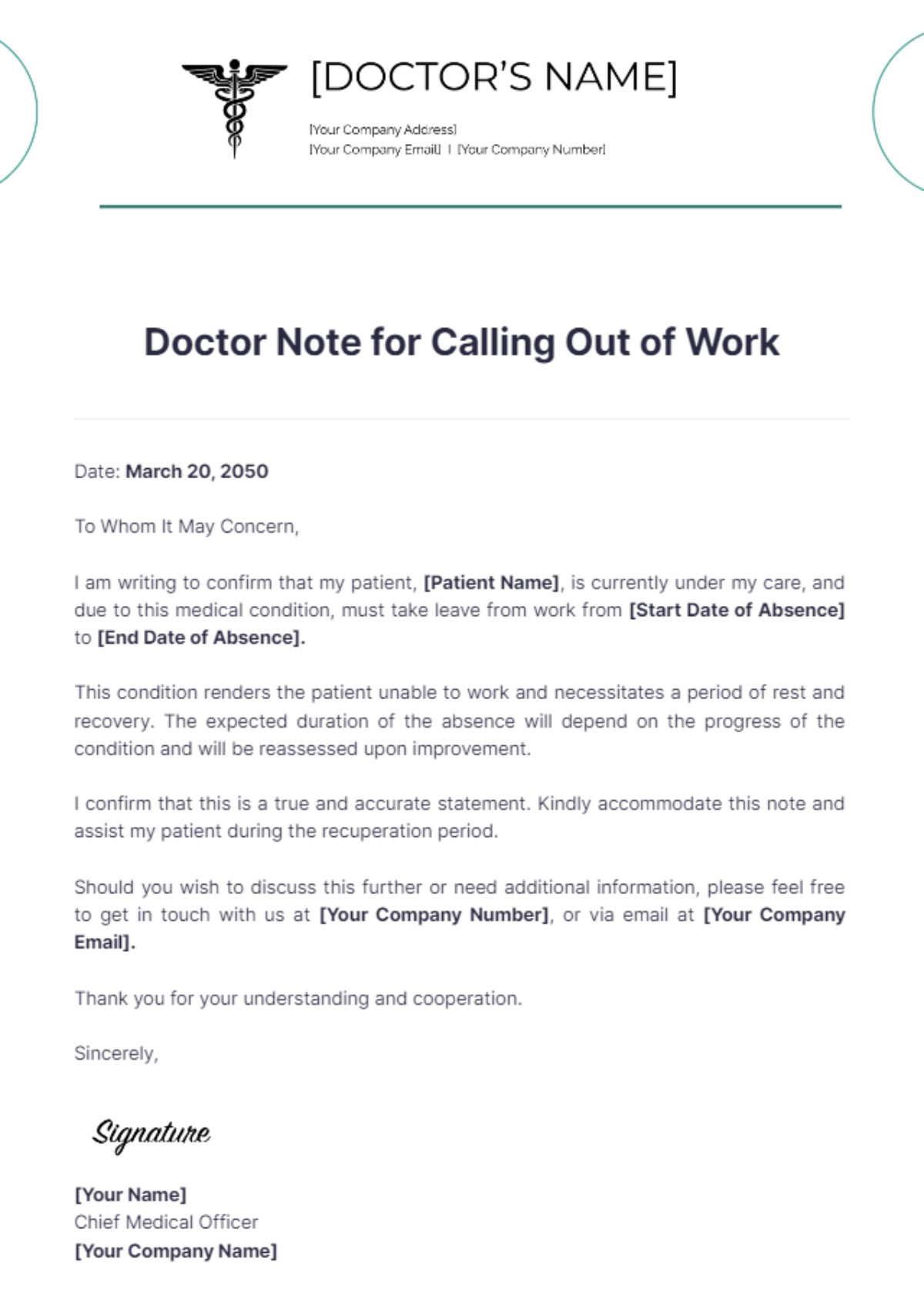 Free Doctor Note For Calling Out Of Work Template