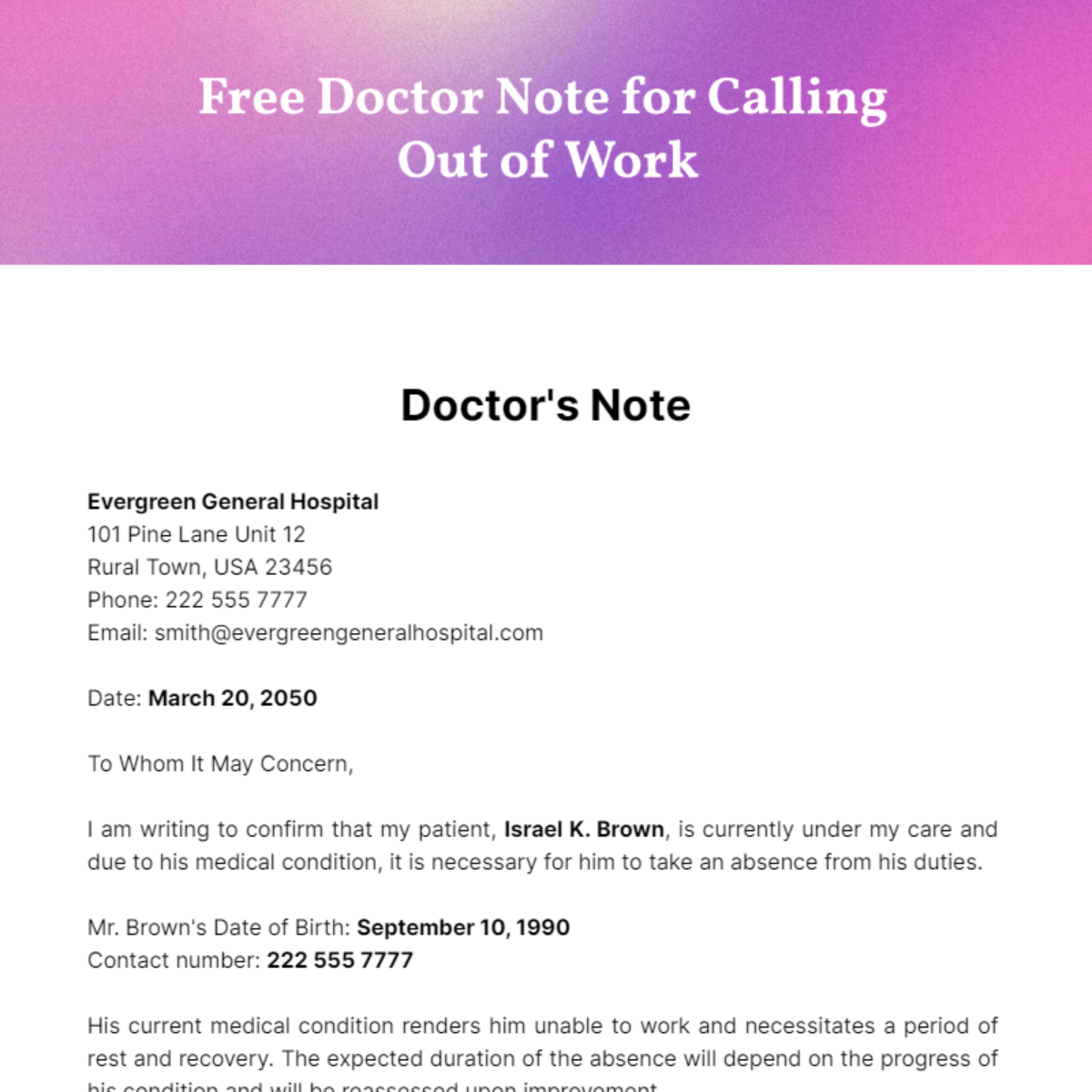 Doctor Note For Calling Out Of Work Template