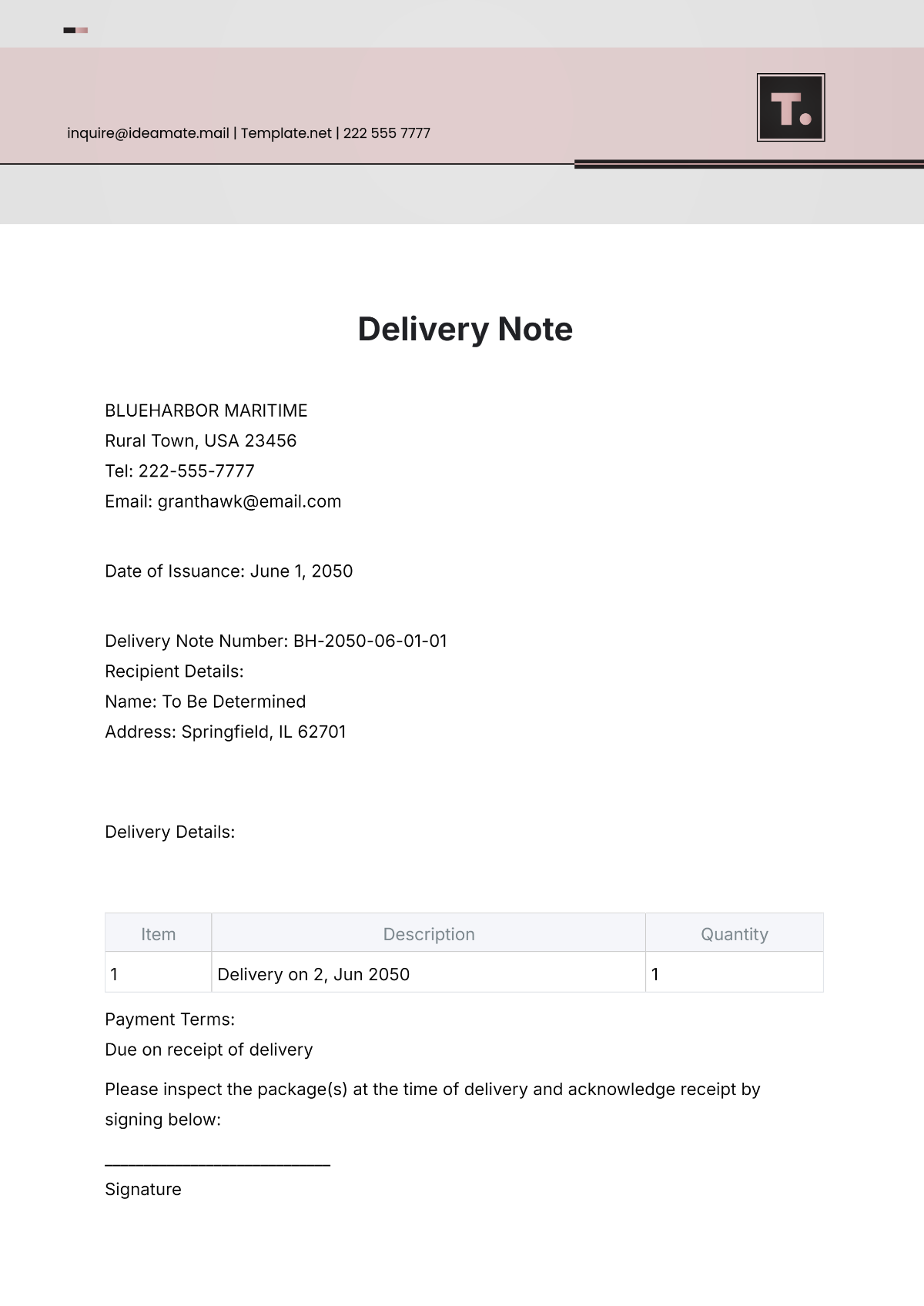 Free Collection and Delivery Note Template