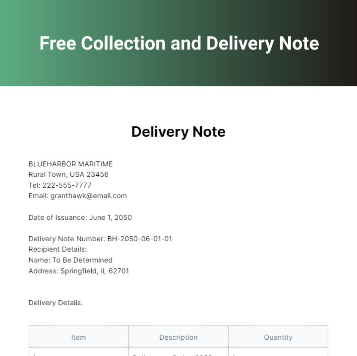 Free Collection and Delivery Note Template
