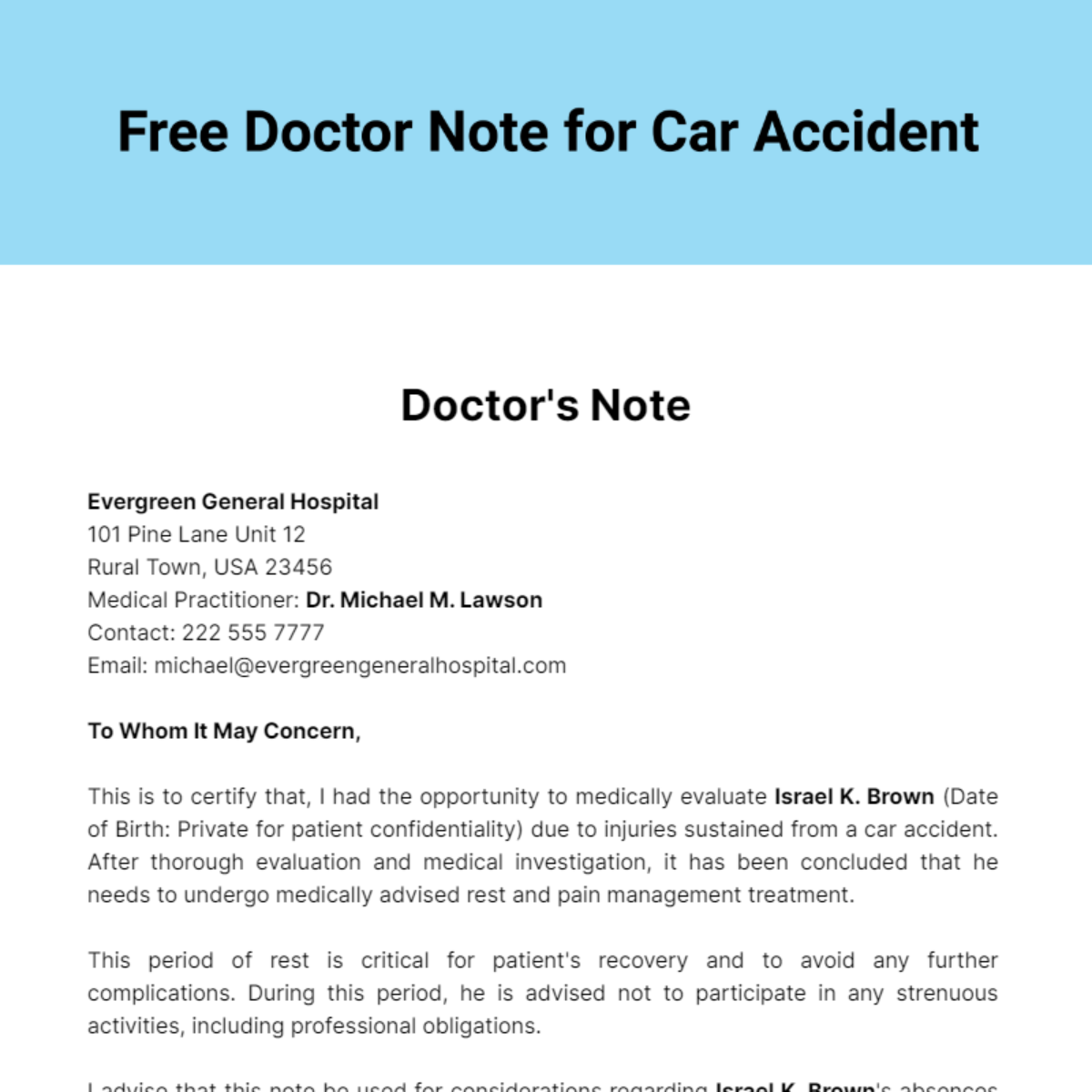 Doctor Note For Car Accident Template