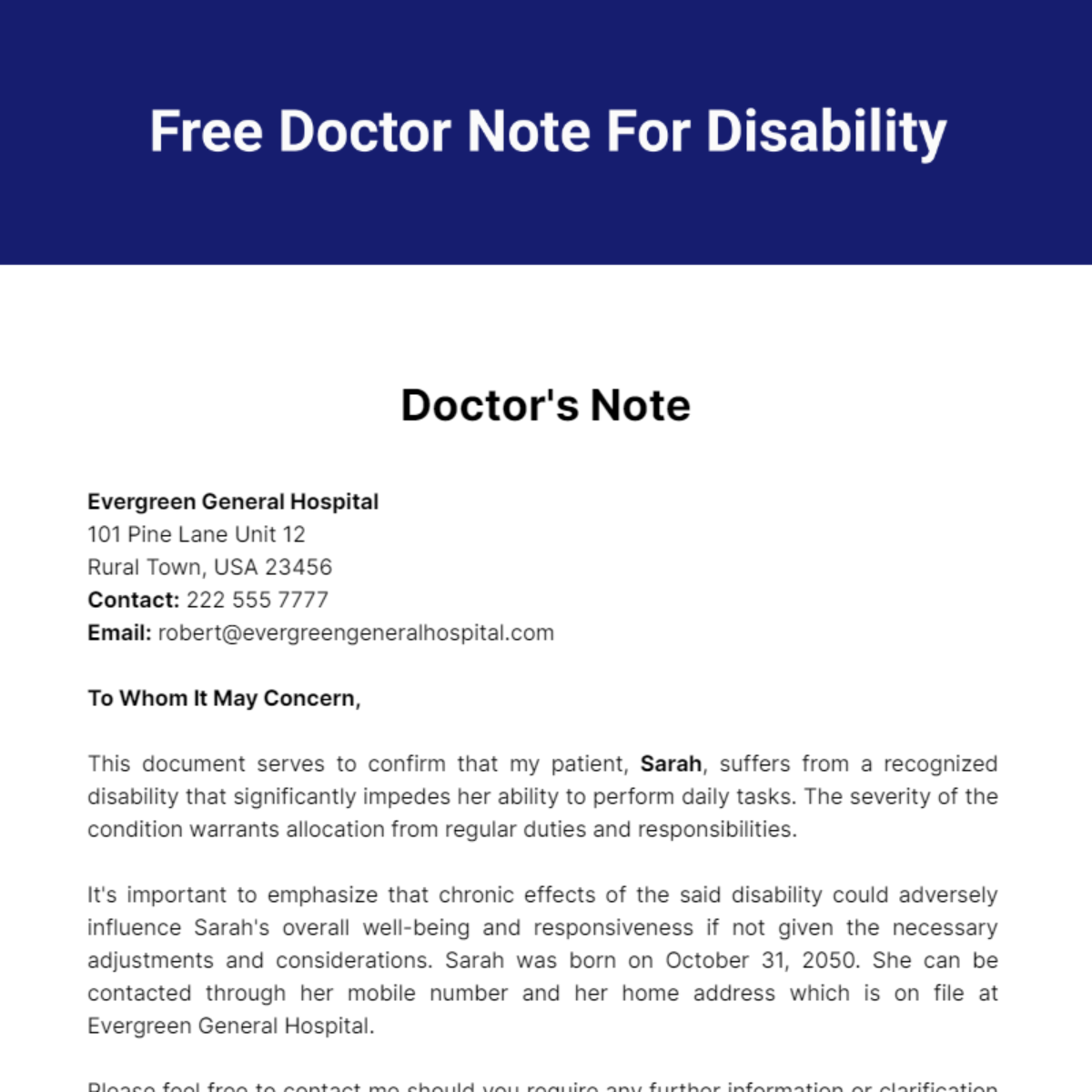 Doctor Note For Disability Template