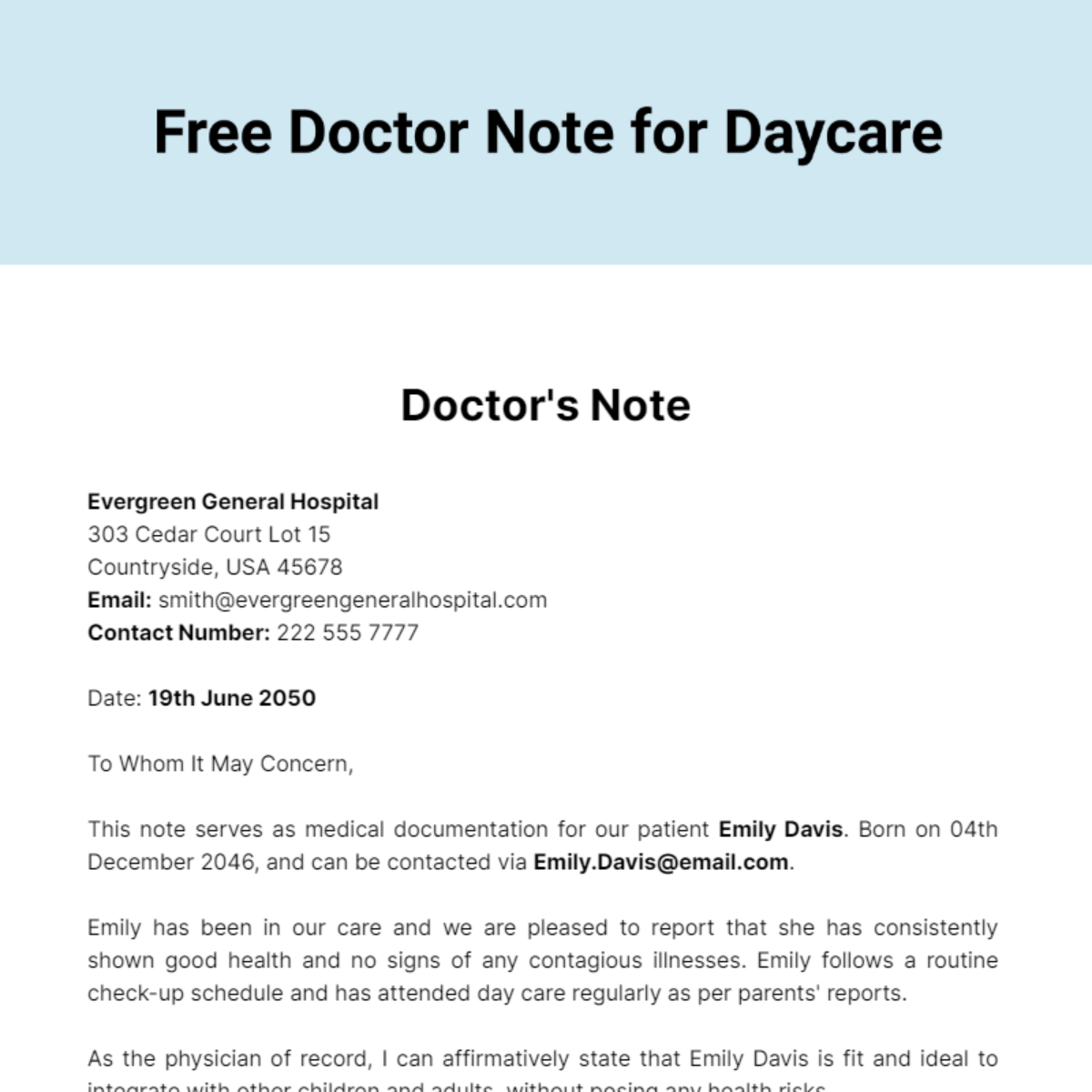 Doctor Note for Day care Template