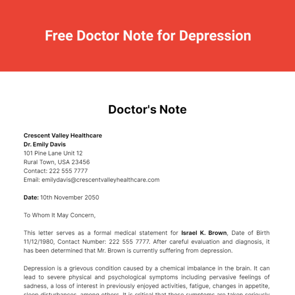 Doctor Note For Depression Template