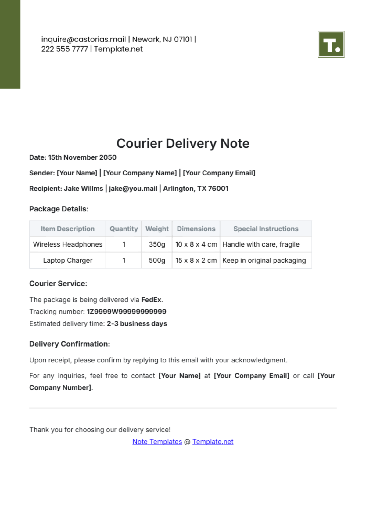 Courier Delivery Note Template - Edit Online & Download