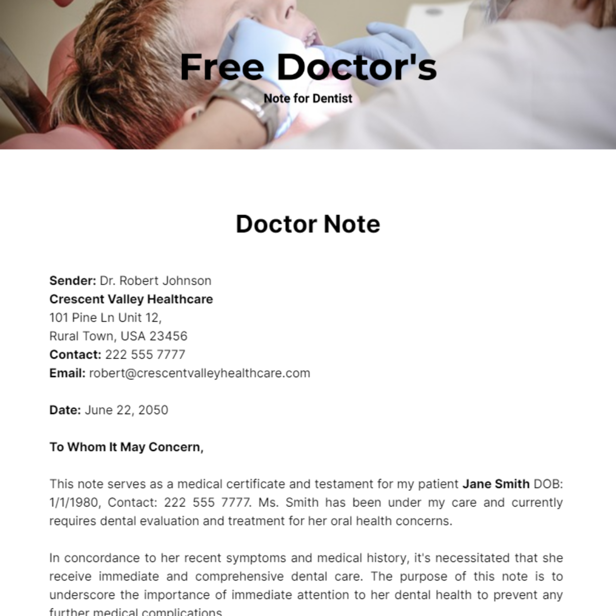 Doctor's Note For Dentist Template