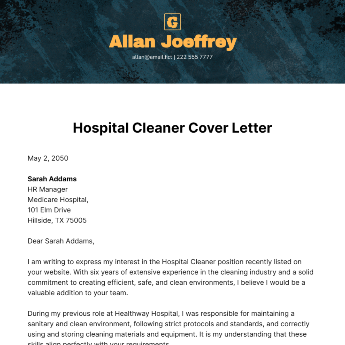 Hospital Cleaner Cover Letter Template