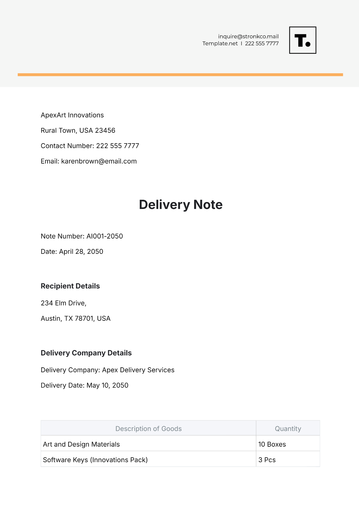 Free Company Delivery Note Template