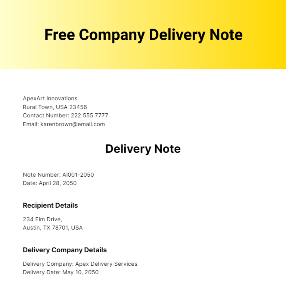 Free Company Delivery Note Template