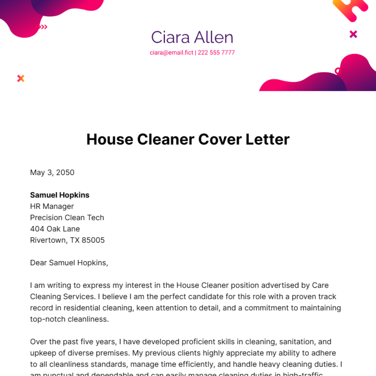 House Cleaner Cover Letter  Template