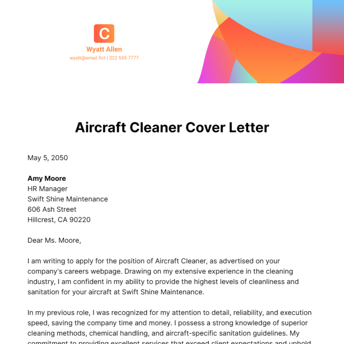 Aircraft Cleaner Cover Letter Template