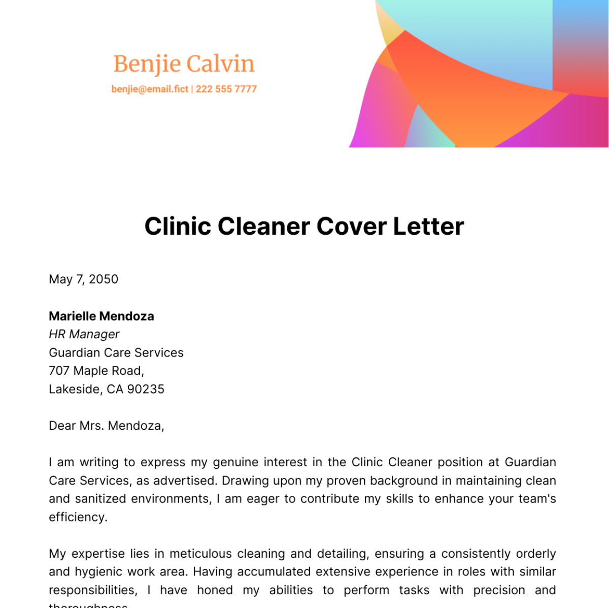 Clinic Cleaner Cover Letter Template