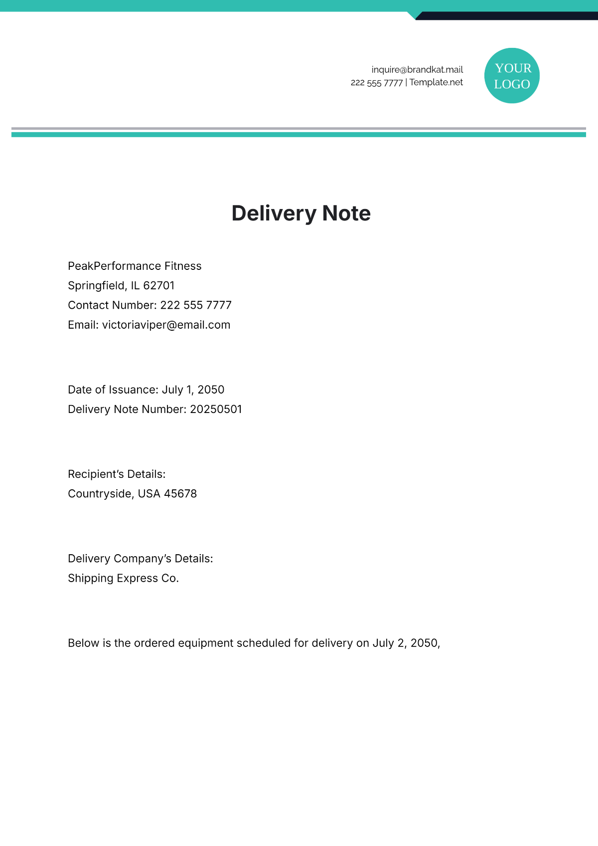 Free Equipment Delivery Note Template