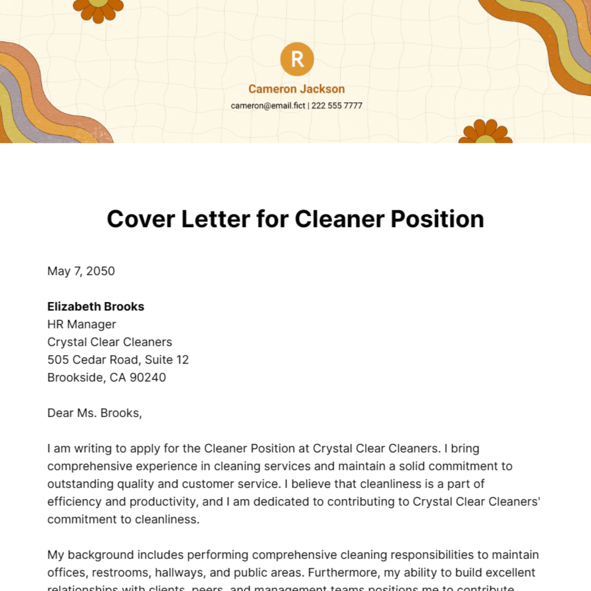 Cover Letter for Cleaner Position Template