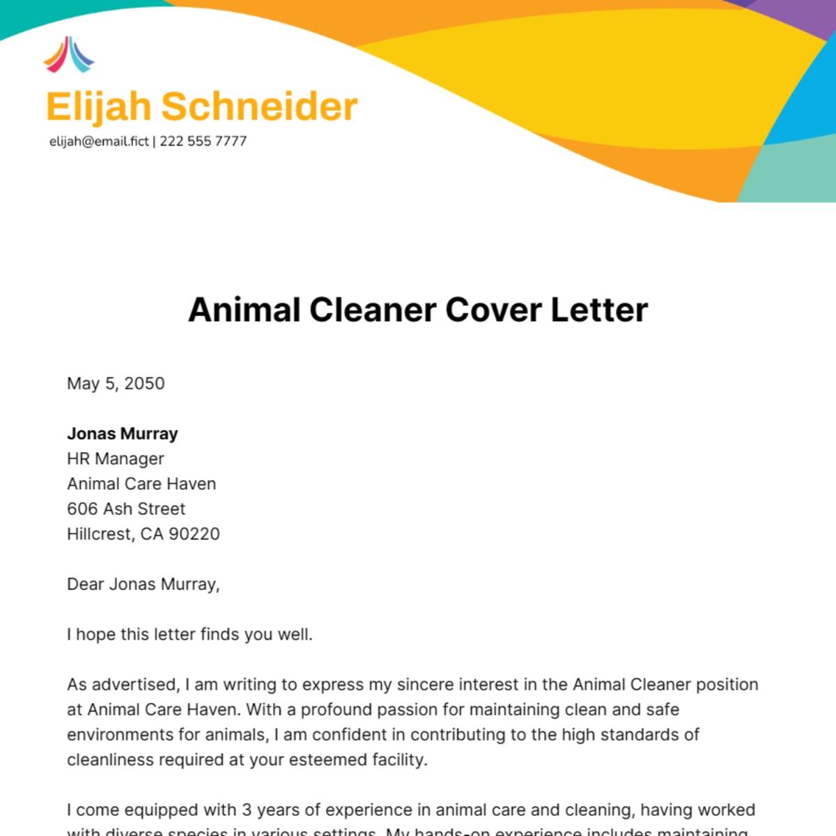 Animal Cleaner Cover Letter Template