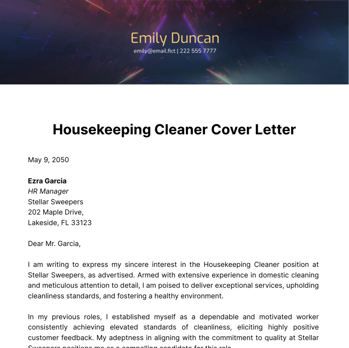 Housekeeping Cleaner Cover Letter Template