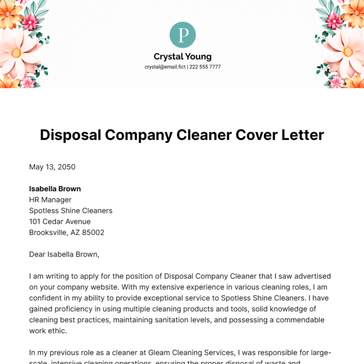 Disposal Company Cleaner Cover Letter Template
