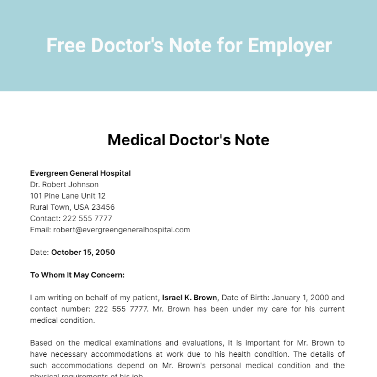 Doctor's Note For Employer Template