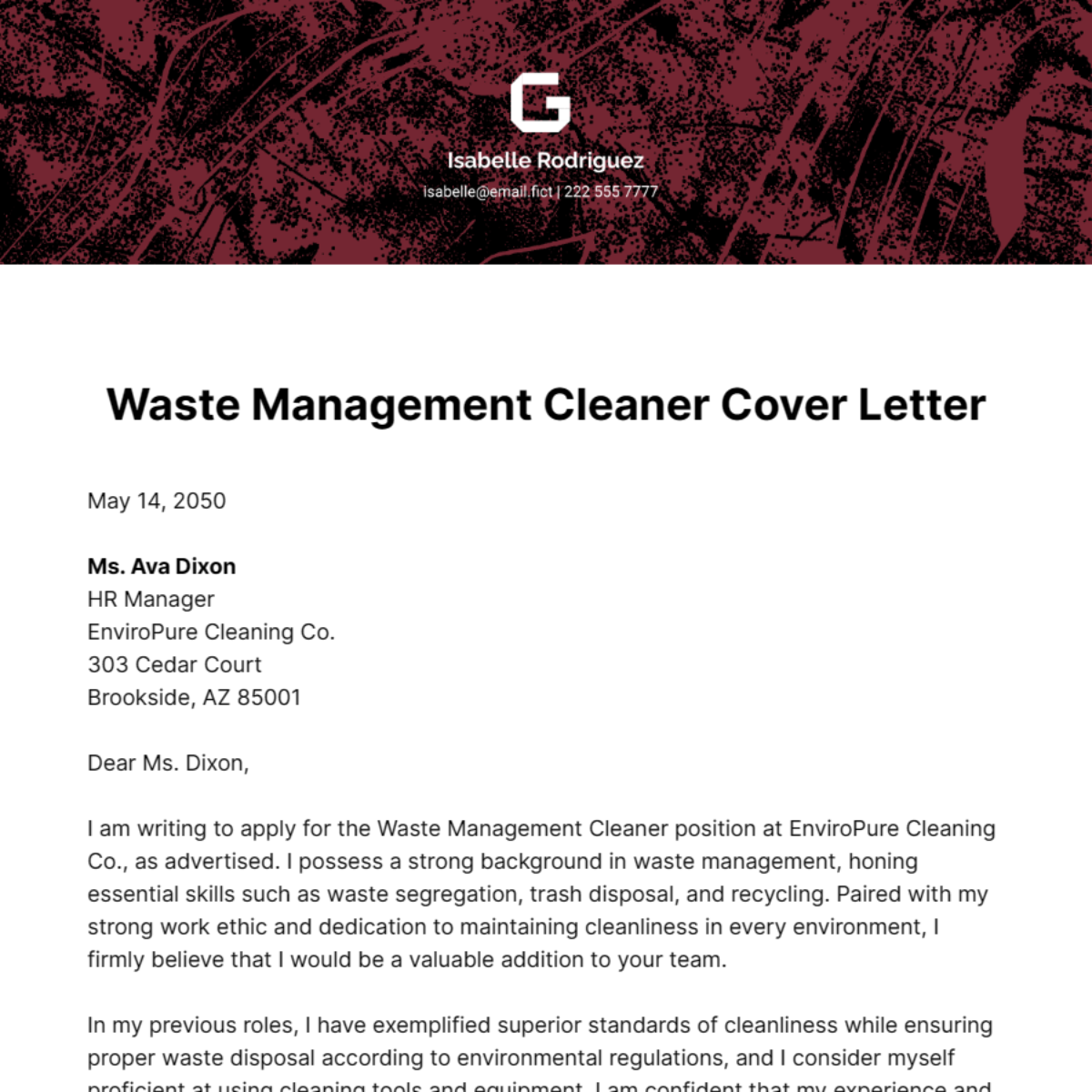 Waste Management Cleaner Cover Letter Template
