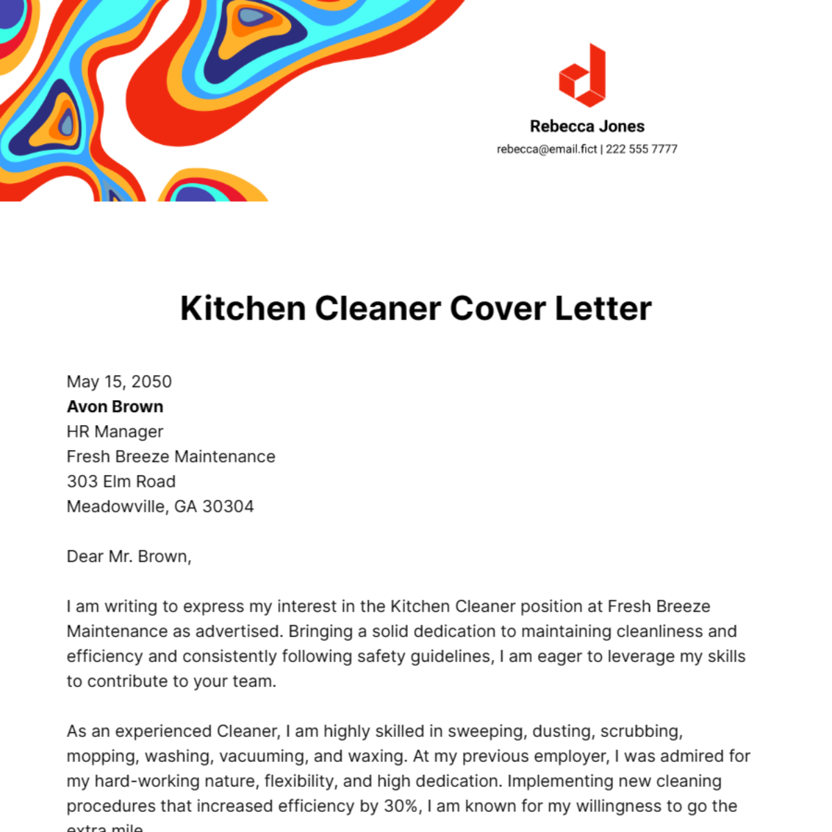 Kitchen Cleaner Cover Letter Template