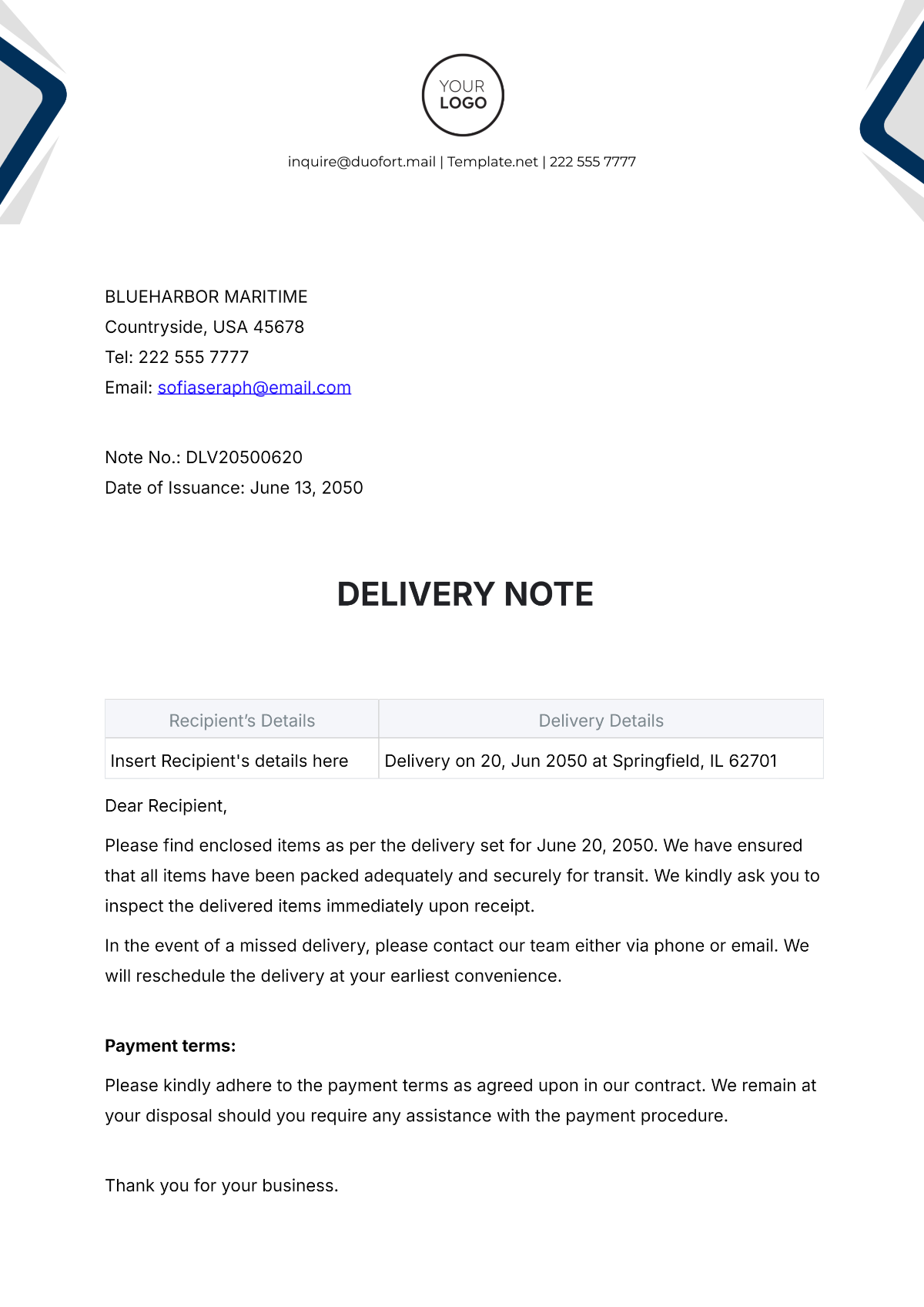 Free Missed Delivery Note Template