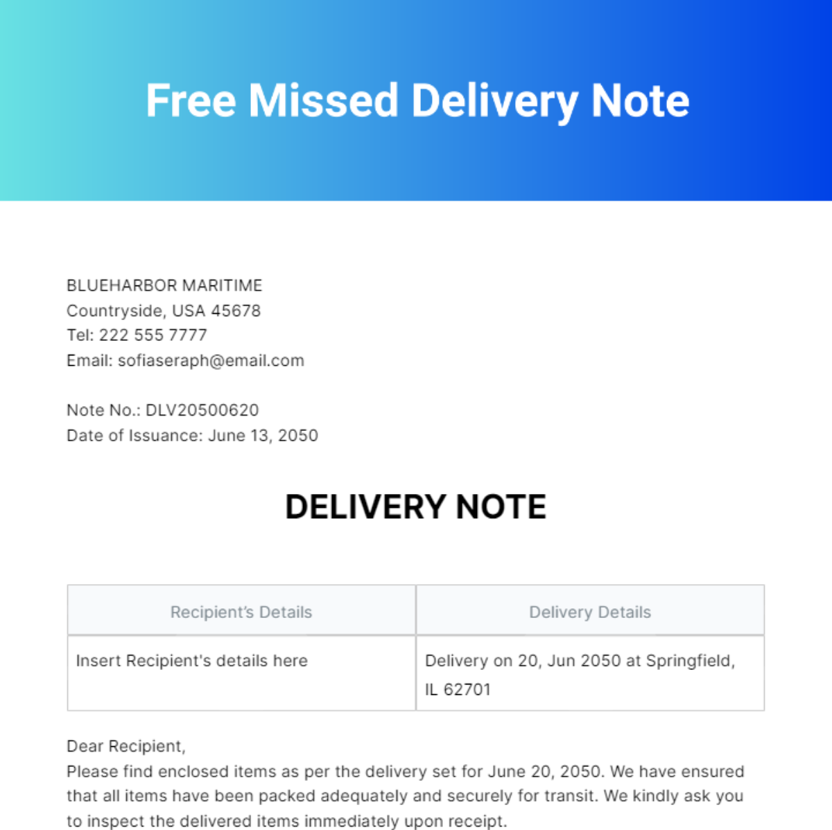 Free Missed Delivery Note Template