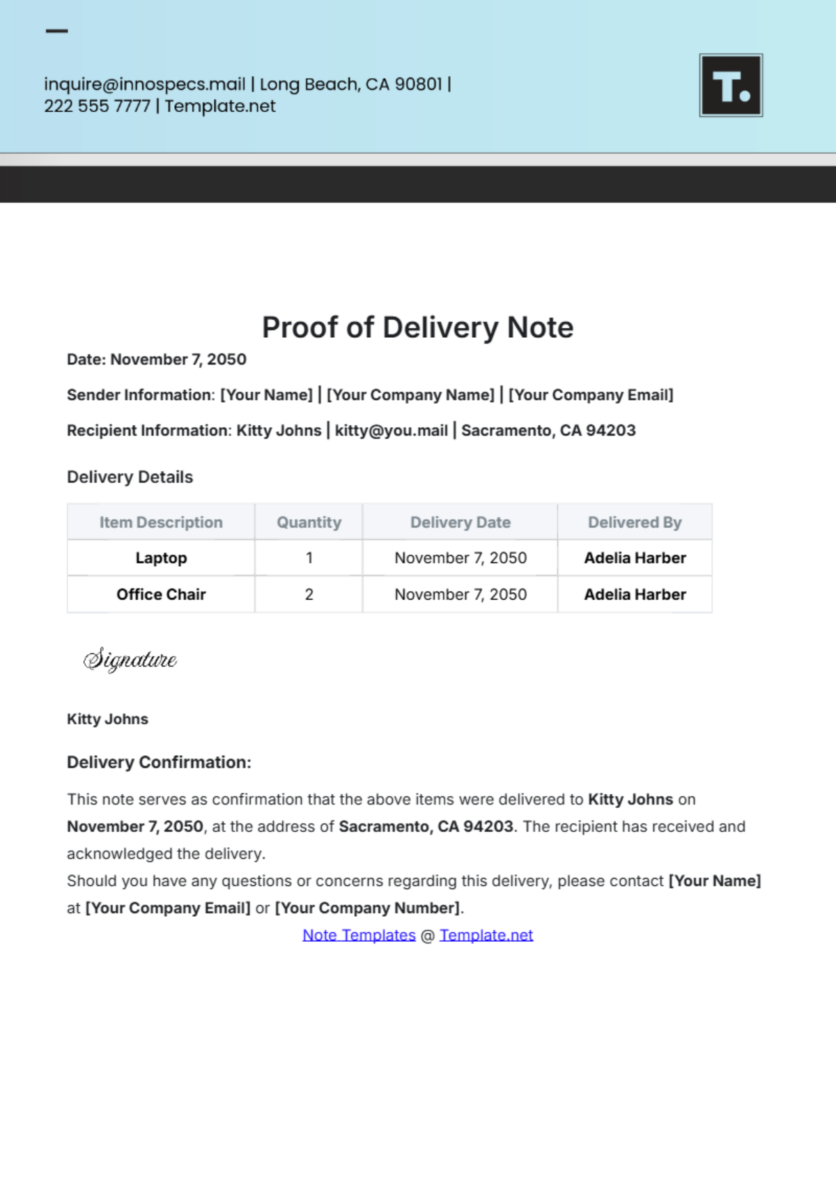 Proof of Delivery Note Template - Edit Online & Download