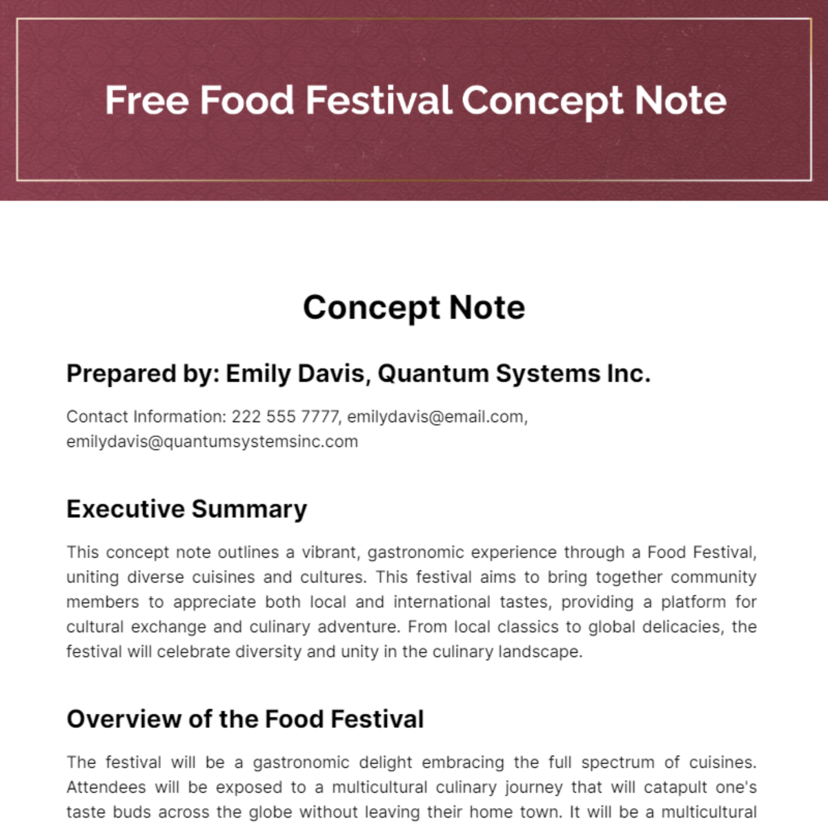 Free Food Festival Concept Note Template