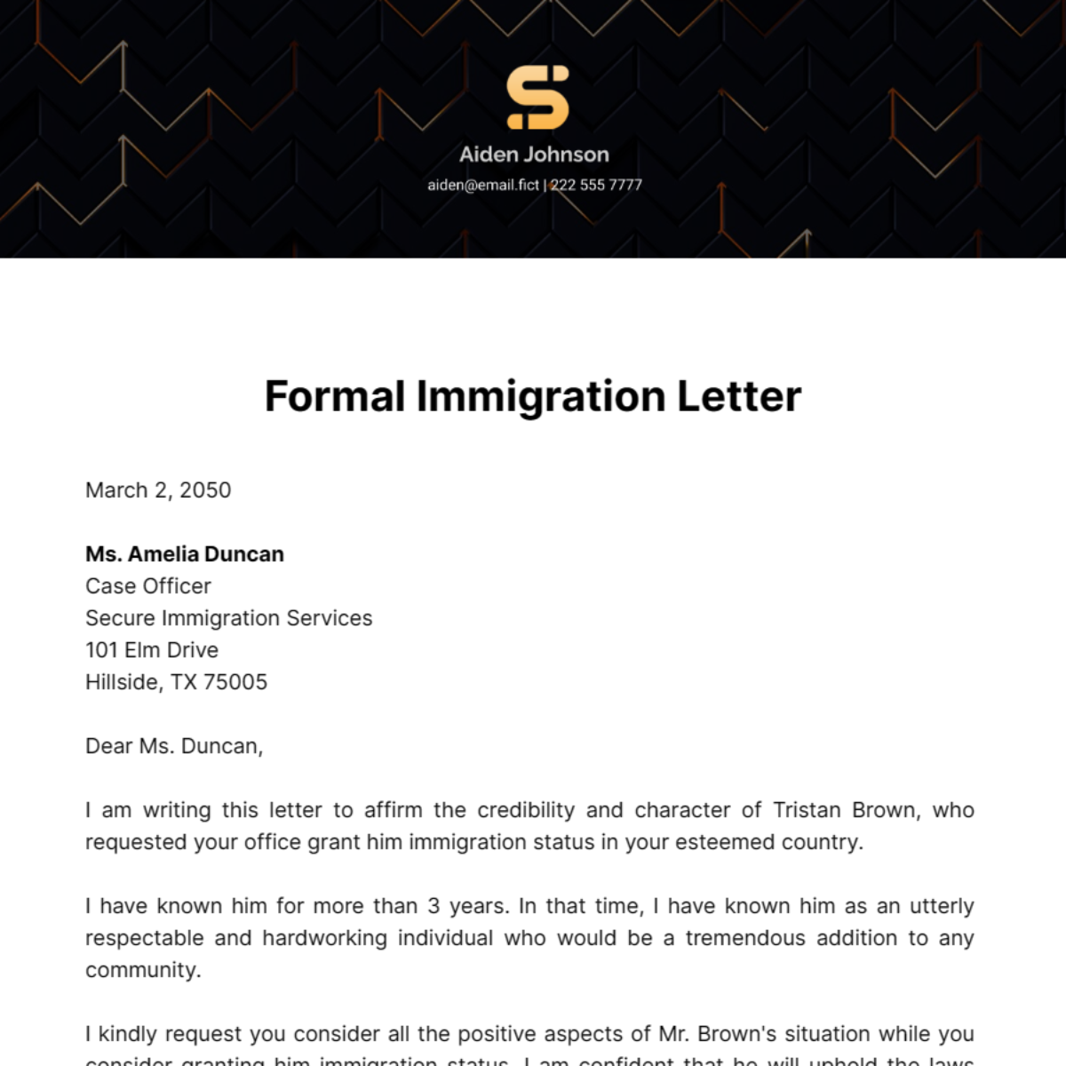 Formal Immigration Letter Template