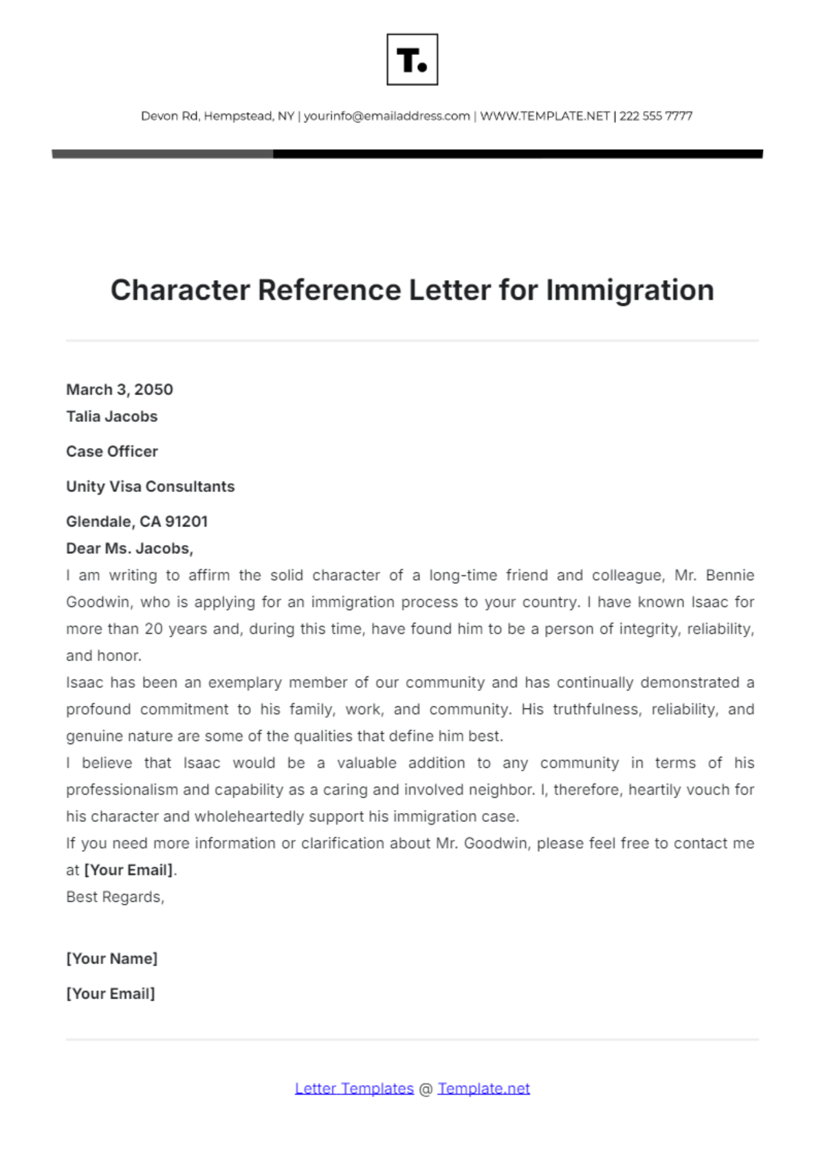 Character Reference Letter for Immigration Template - Edit Online & Download