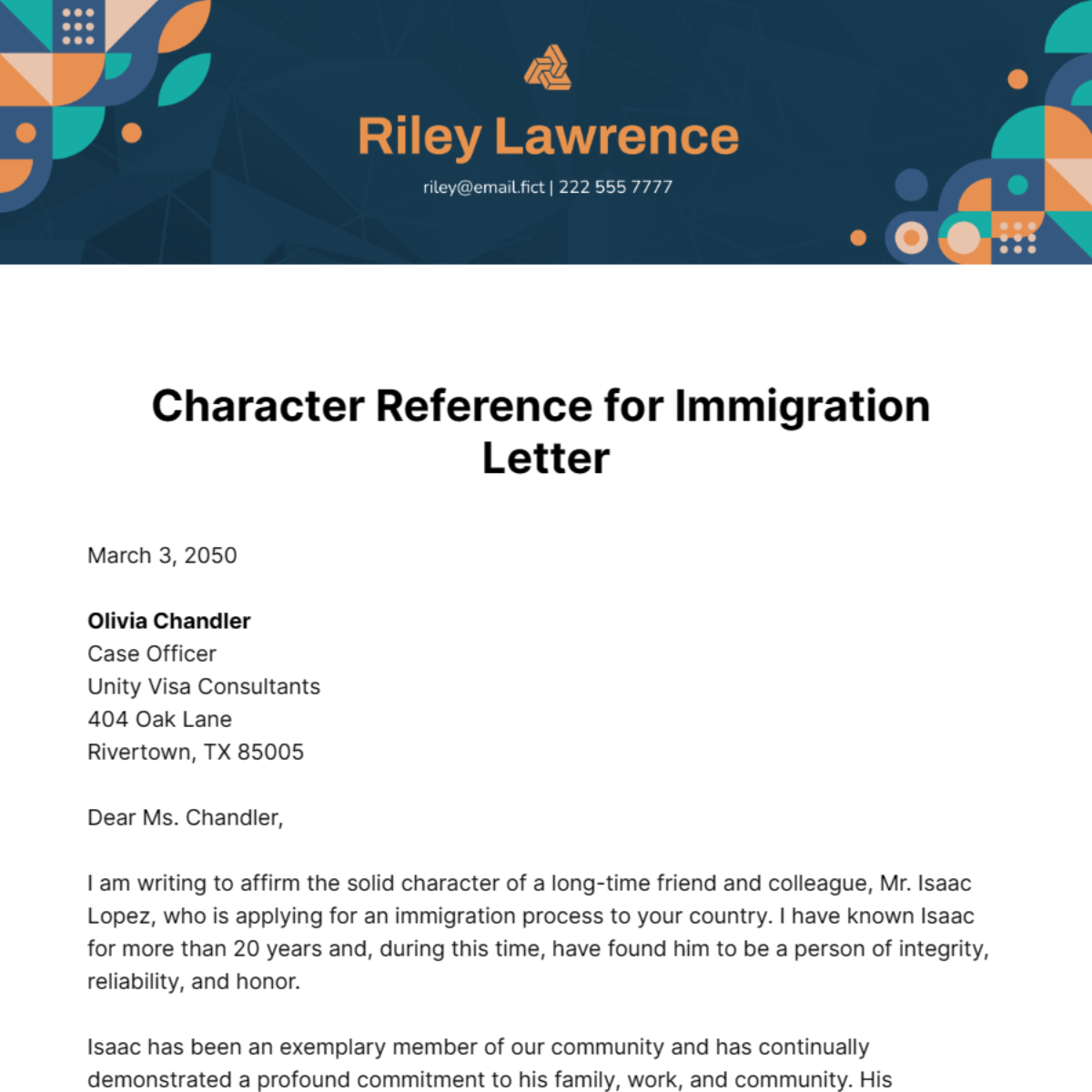 Free Character Reference for Immigration Letter Template