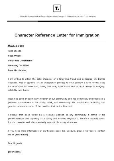 Free Character Reference Letter for Immigration Template to Edit Online