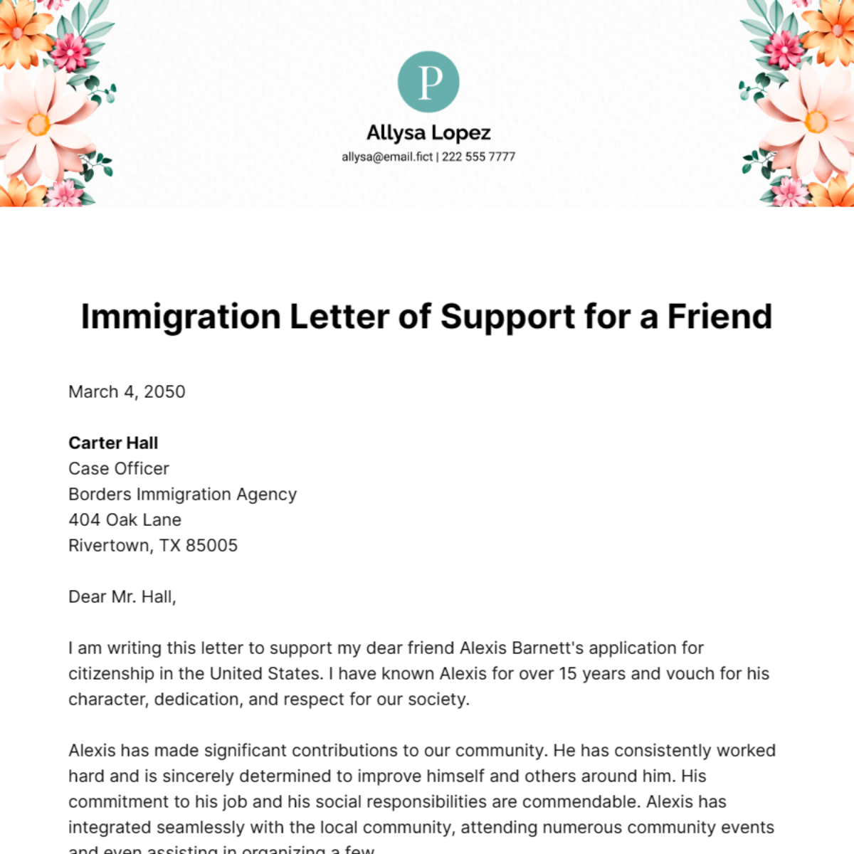 Immigration Letter of Support for a Friend Template