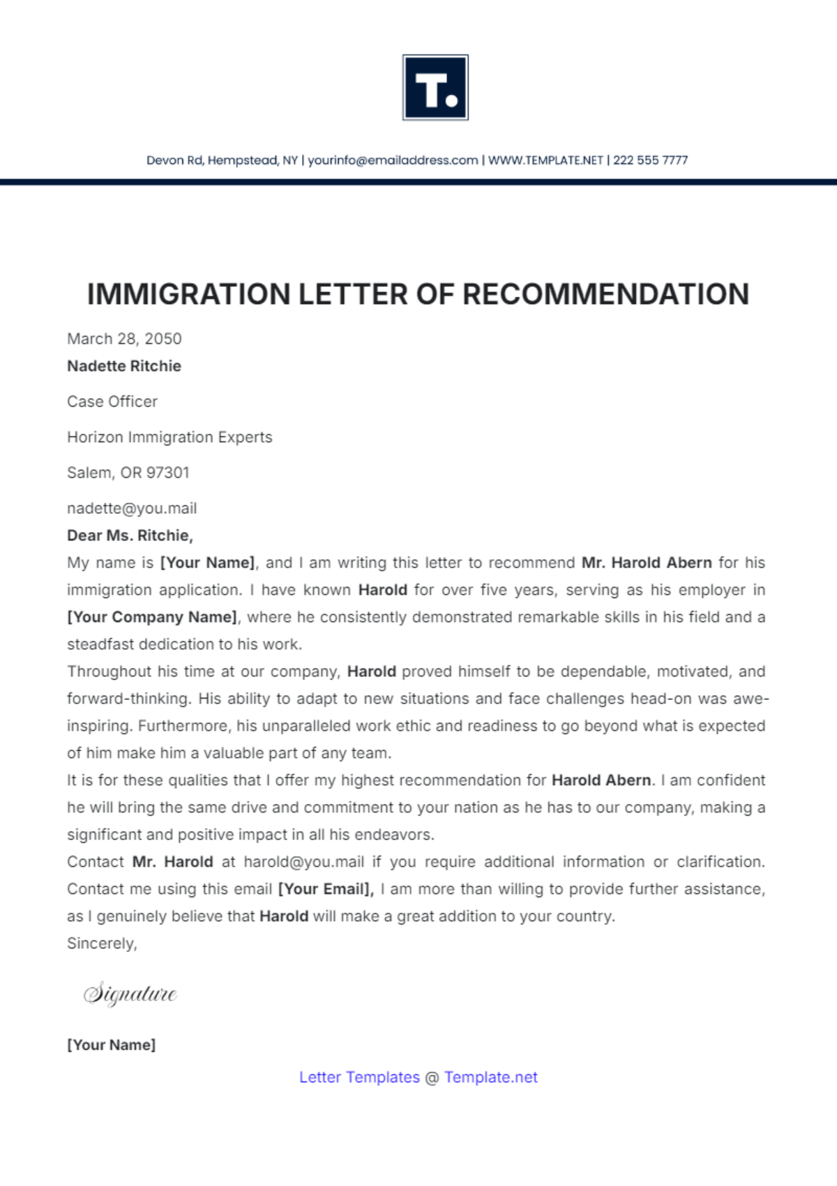 Free Immigration Letter of Recommendation Template