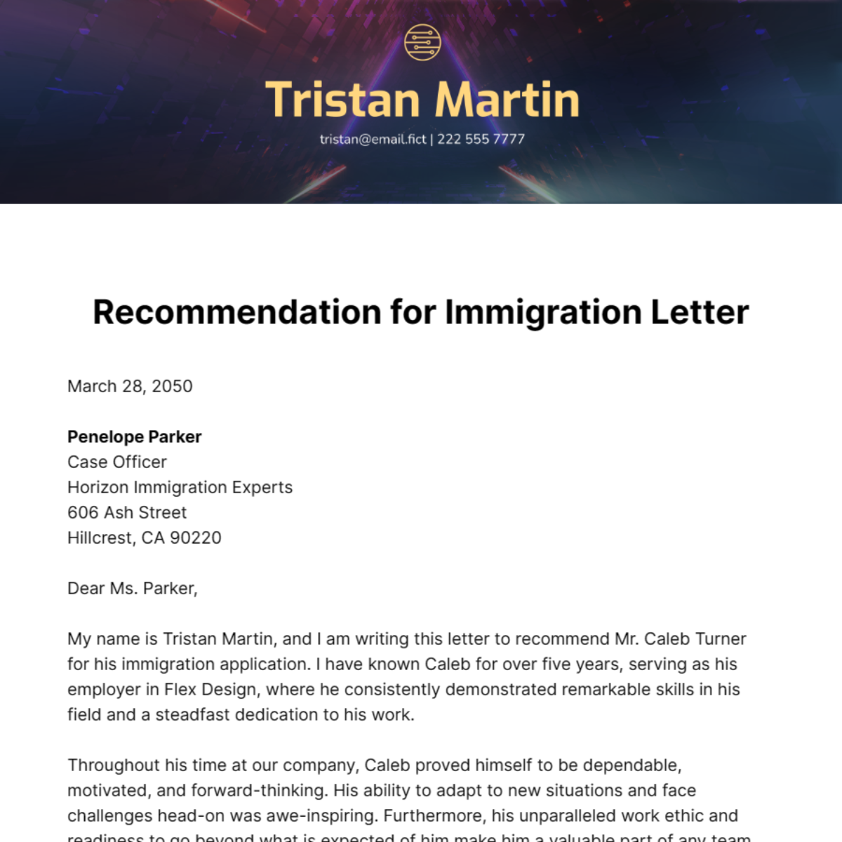 Recommendation for Immigration Letter Template