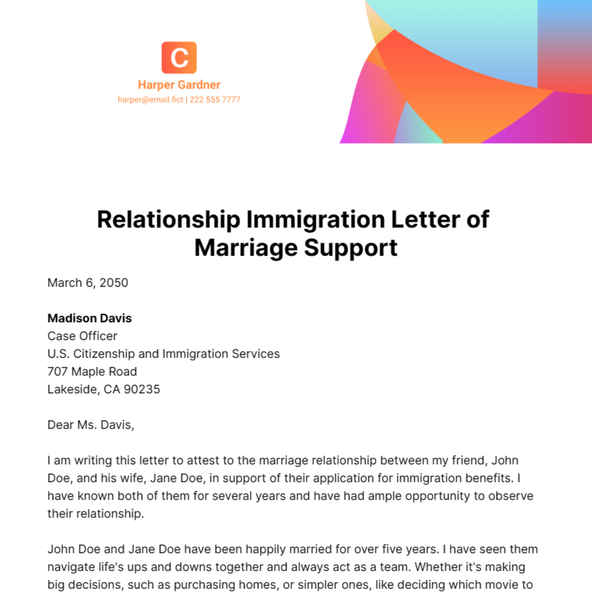 Free Relationship Immigration Letter of Marriage Support  Template