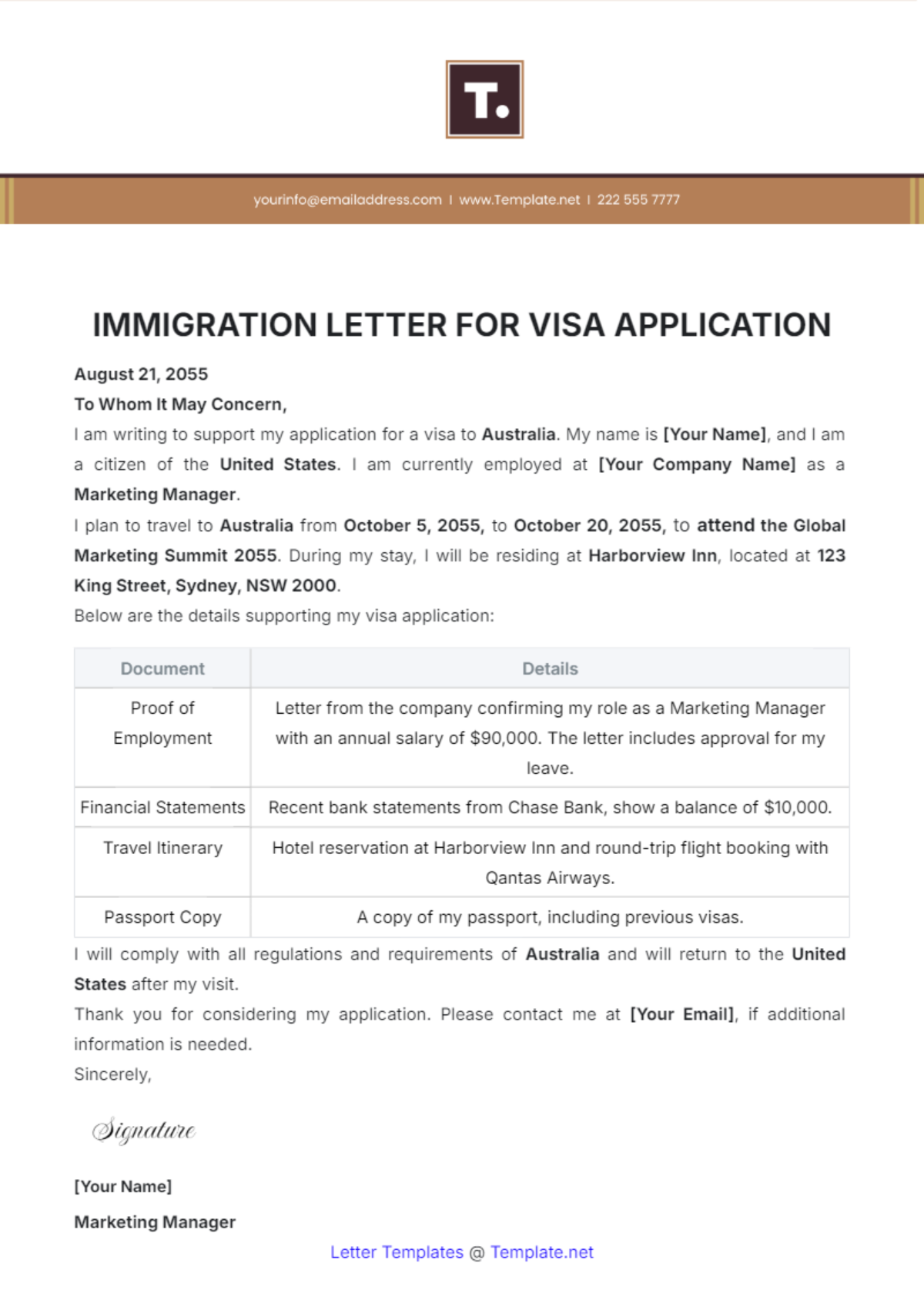 Free Immigration Letter for Visa Application Template